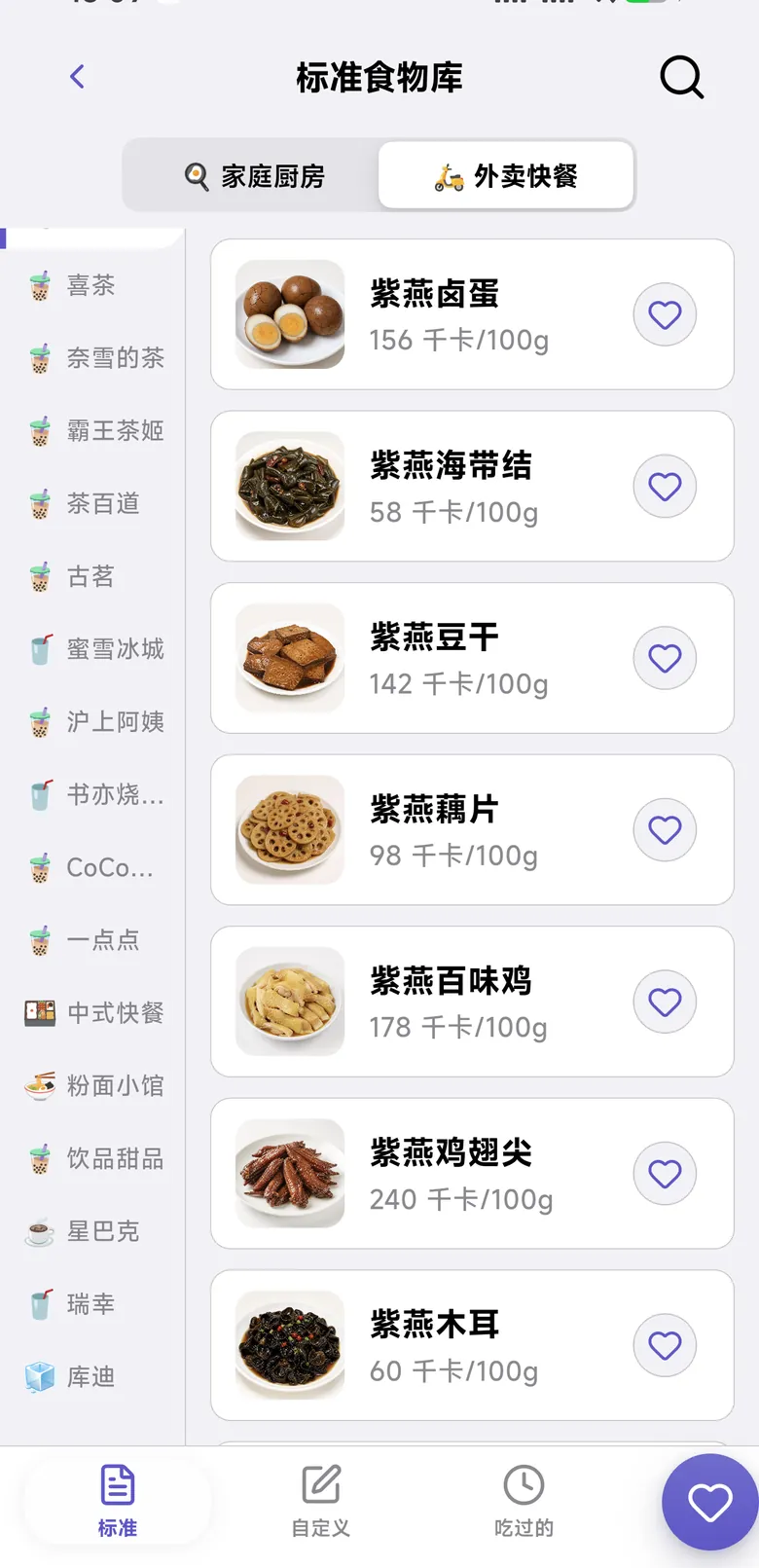 吃有数标准食物库，外卖快餐分类